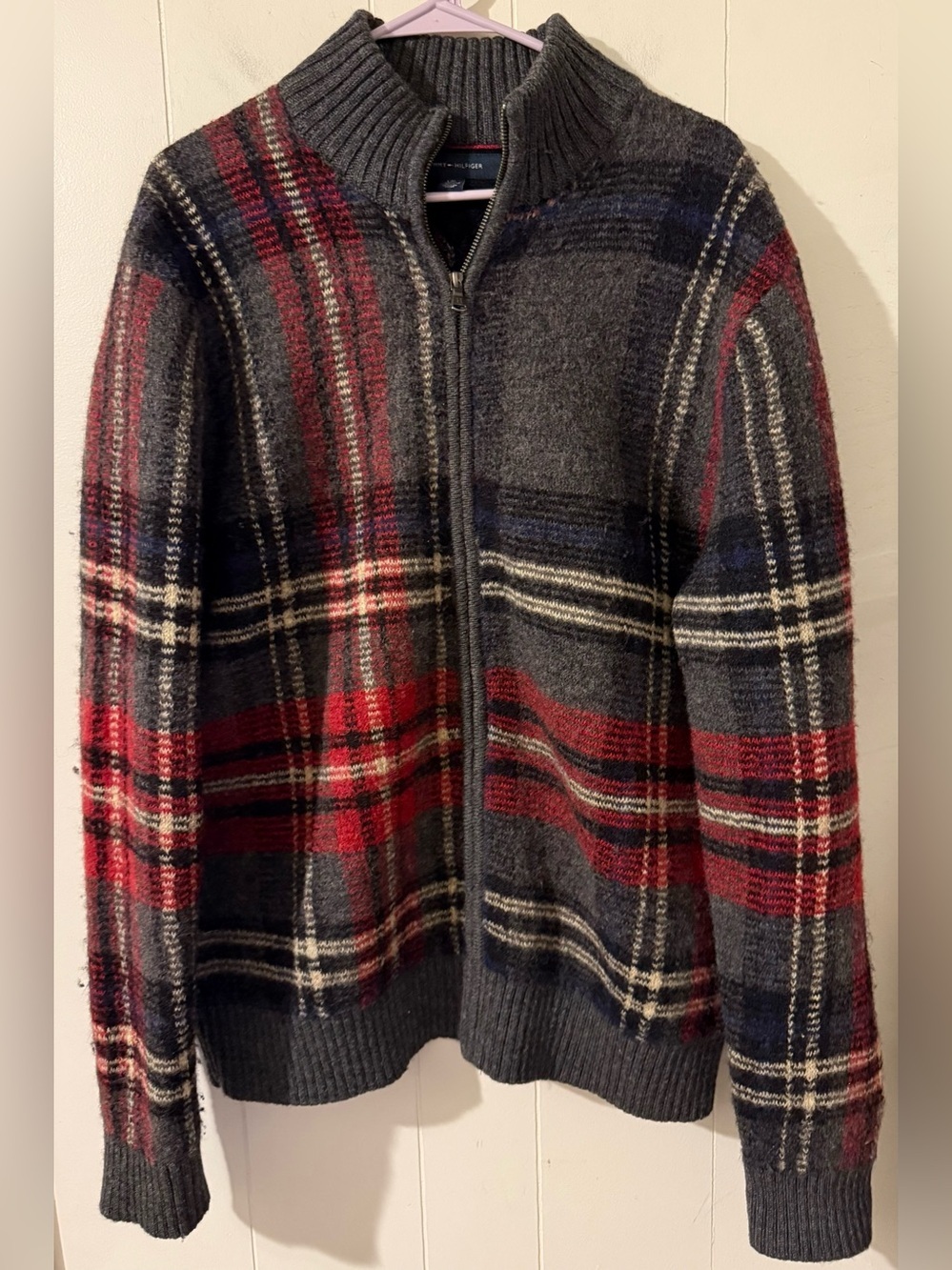 Men’s Vintage Tommy Hilfiger Sweater Wool Striped Gray Red Size L